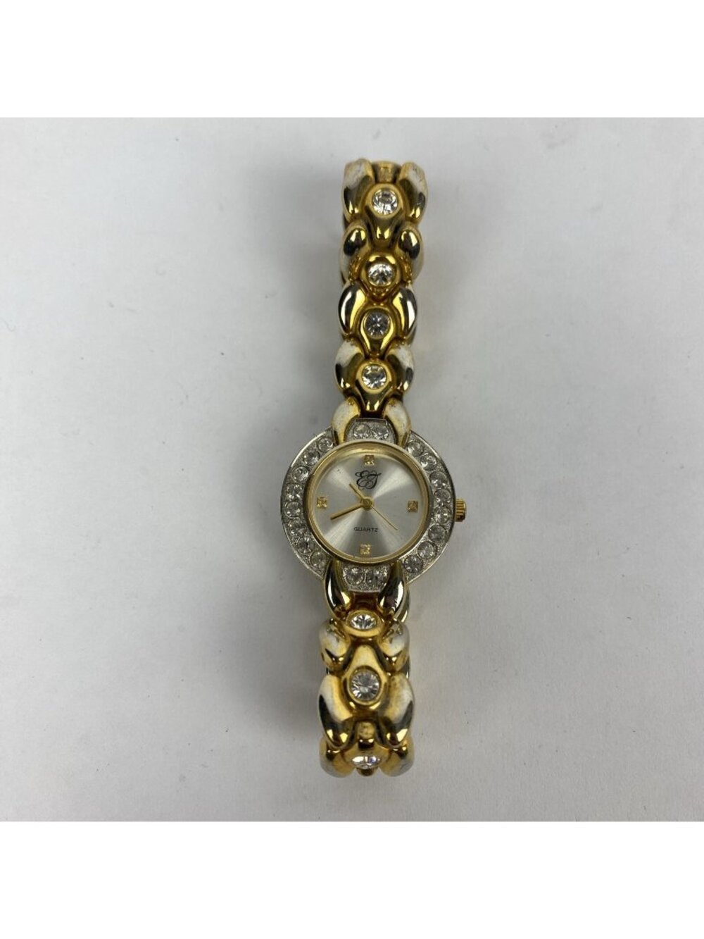 LADIES EJ QUARTZ FAUX DIAMOND STAINLESS STEEL BACK WATCH. JAPAN MOVT. Untested